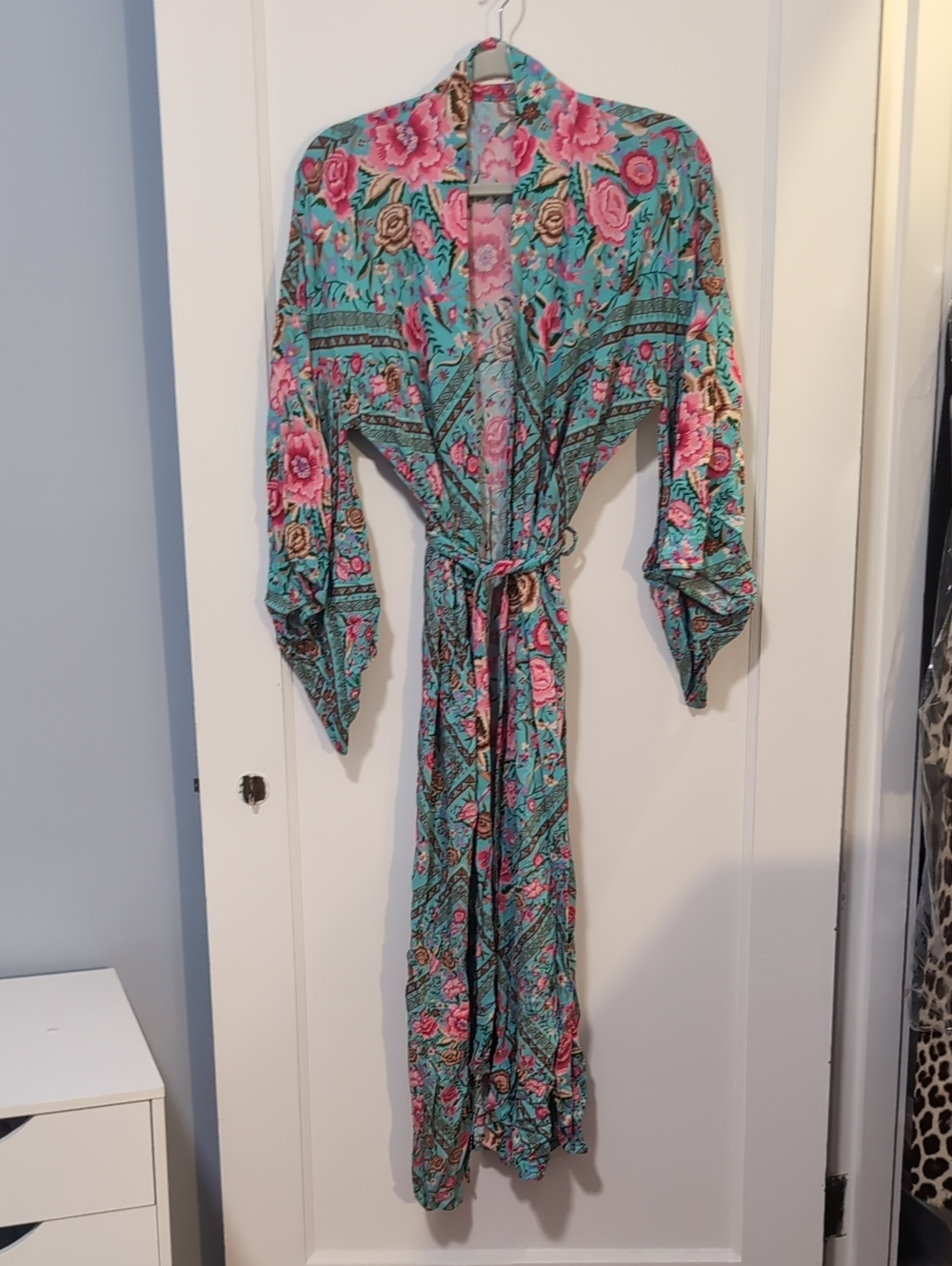 Spell Og Babushka Kimono Turquoise Floral Robe with Pink Rose and Bird Print